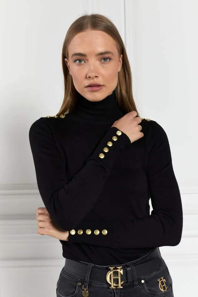 Holland Cooper Buttoned Knit Roll Neck Black Women Knitwear