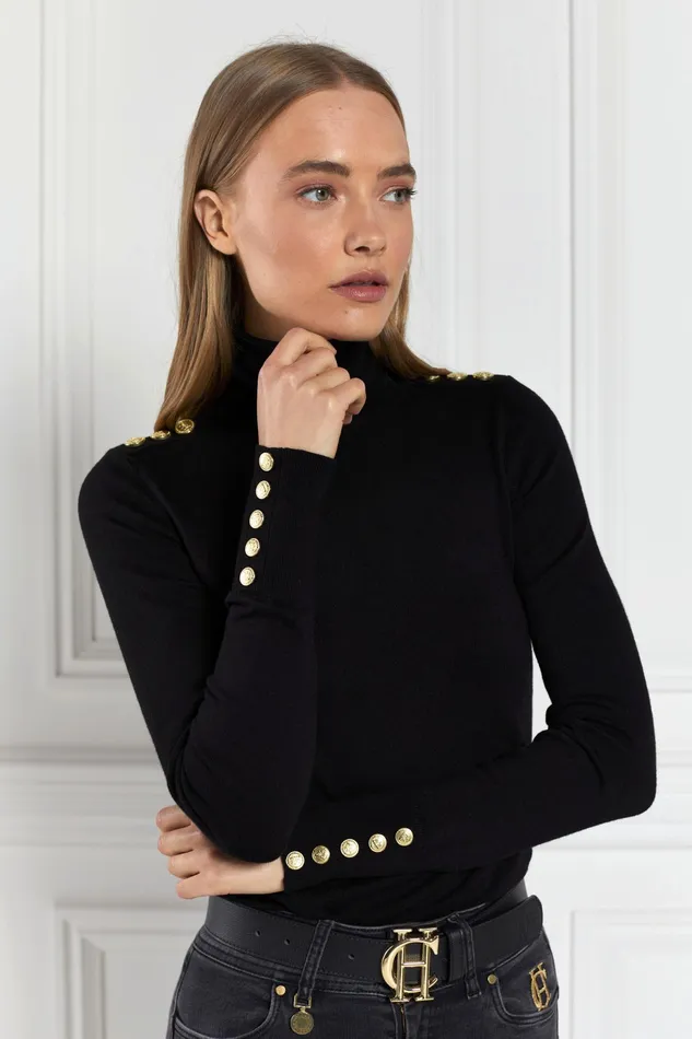 Holland Cooper Buttoned Knit Roll Neck Black Women Knitwear Holland Cooper Buttoned Knit Roll Neck Black Women Knitwear