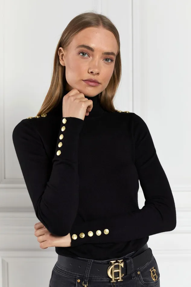Holland Cooper Buttoned Knit Roll Neck Black Women Knitwear Holland Cooper Buttoned Knit Roll Neck Black Women Knitwear