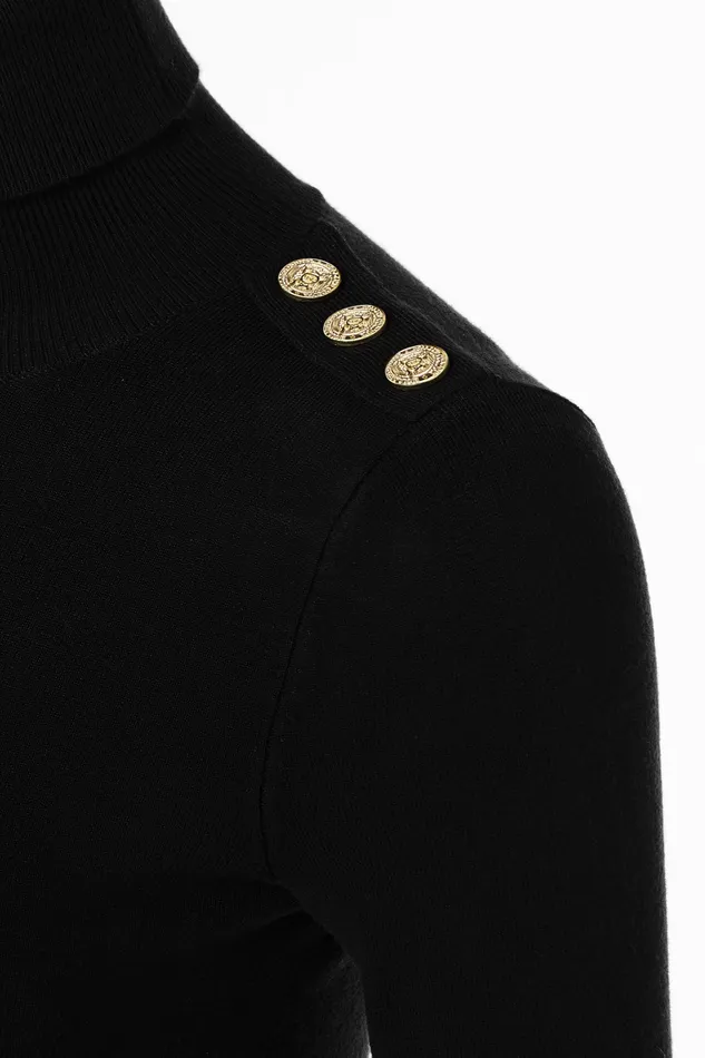 Holland Cooper Buttoned Knit Roll Neck Black Women Knitwear Holland Cooper Buttoned Knit Roll Neck Black Women Knitwear