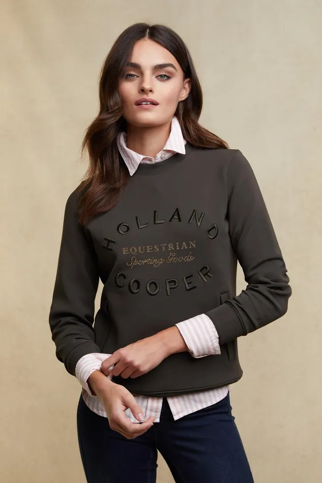 Holland Cooper Crystal Crew Neck Sweat Dark Olive Women Hoodies and Sweatshirts