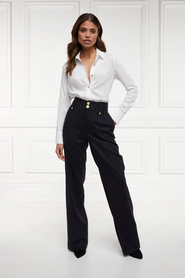 Holland Cooper High Waisted Straight Trouser Navy Chalk Pinstripe Women Tailoring