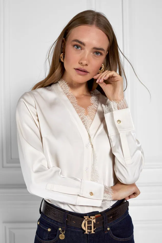 Holland Cooper Lace VNeck Blouse Oyster Women Shirts and Blouses