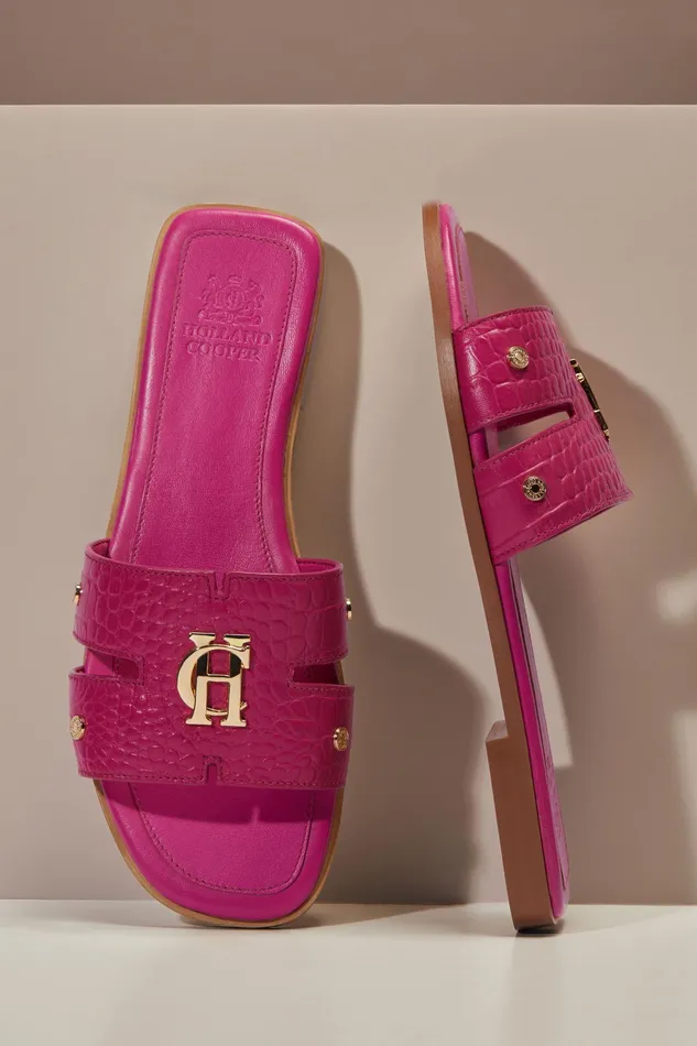 Holland Cooper Monogram Slides Pink Croc Women Sandals and Slides