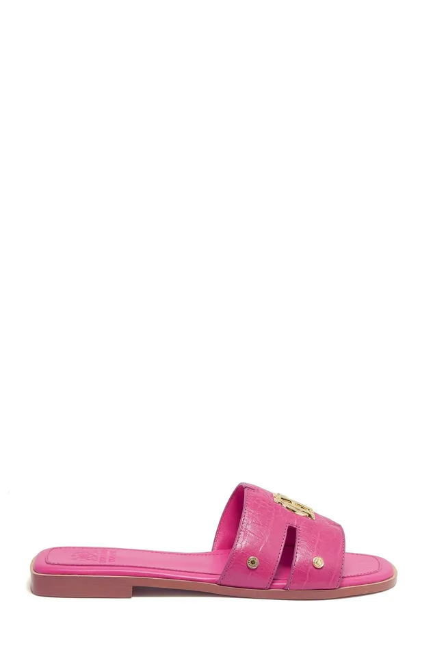 Holland Cooper Monogram Slides Pink Croc Women Sandals and Slides Holland Cooper Monogram Slides Pink Croc Women Sandals and Slides