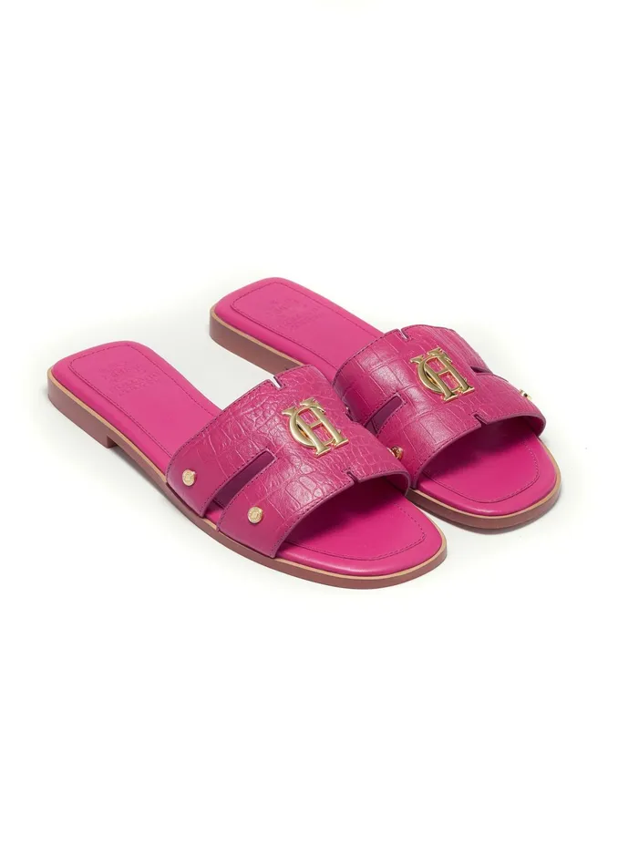 Holland Cooper Monogram Slides Pink Croc Women Sandals and Slides Holland Cooper Monogram Slides Pink Croc Women Sandals and Slides