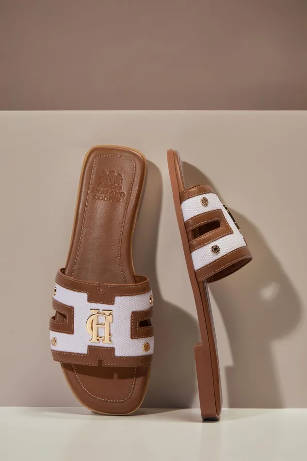 Holland Cooper Monogram Slides Tan Canvas Women Sandals and Slides Holland Cooper Monogram Slides Tan Canvas Women Sandals and Slides