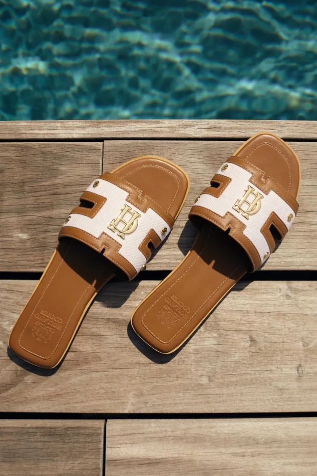 Holland Cooper Monogram Slides Tan Canvas Women Sandals and Slides Holland Cooper Monogram Slides Tan Canvas Women Sandals and Slides