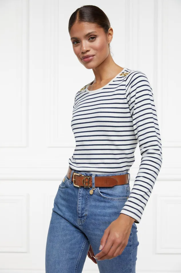 Holland Cooper Padstow Long Sleeve Crew Neck Tee Natural Ink Navy Stripe Women Tees