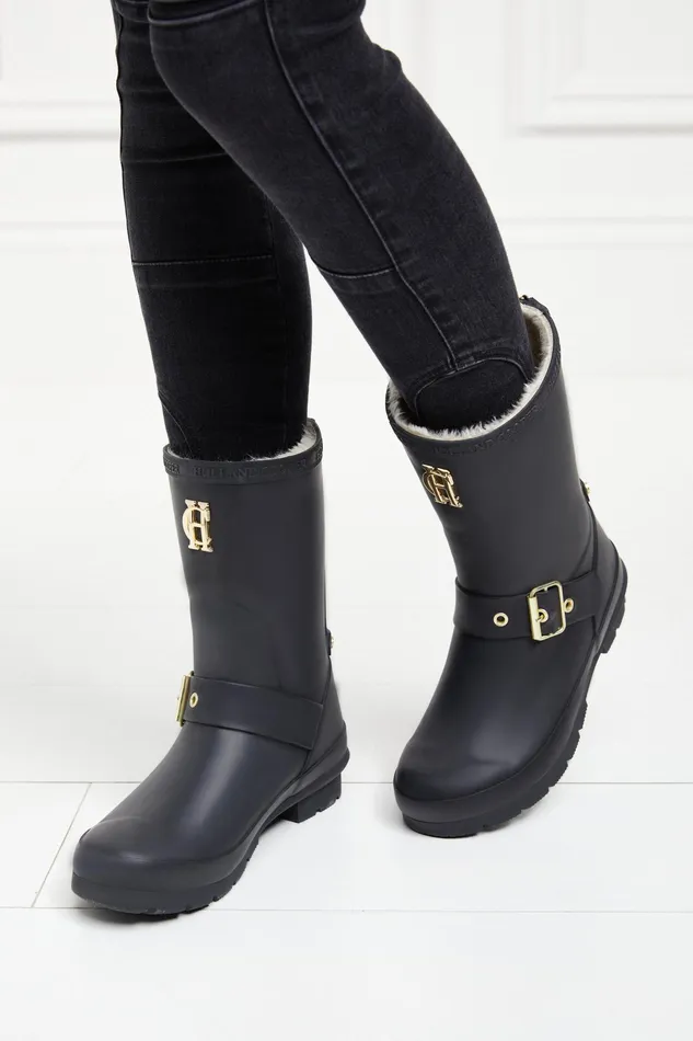 Holland Cooper Sherpa Lined Chelsea Wellington Matte Black Women Wellington Boots