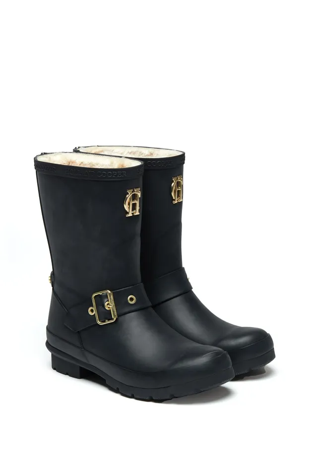 Holland Cooper Sherpa Lined Chelsea Wellington Matte Black Women Wellington Boots