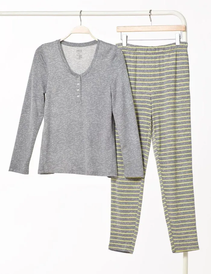 Hue Ribbed Henley PJ Set Sleet Women Plus Size
