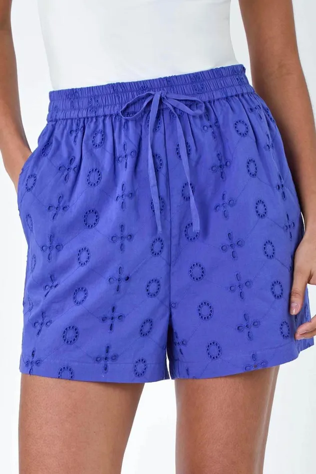Indigo Elastic Waist Cotton Broderie Anglaise Shorts Women Roman Shorts