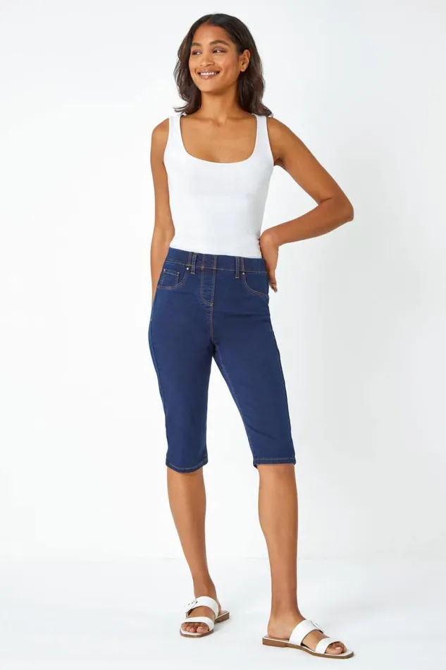 Indigo Knee Length Elastic Waist Denim Pedal Pusher Women Roman Shorts