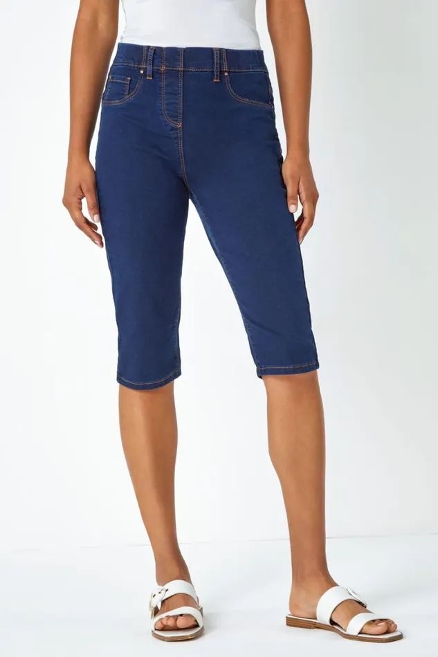 Indigo Knee Length Elastic Waist Denim Pedal Pusher Women Roman Shorts