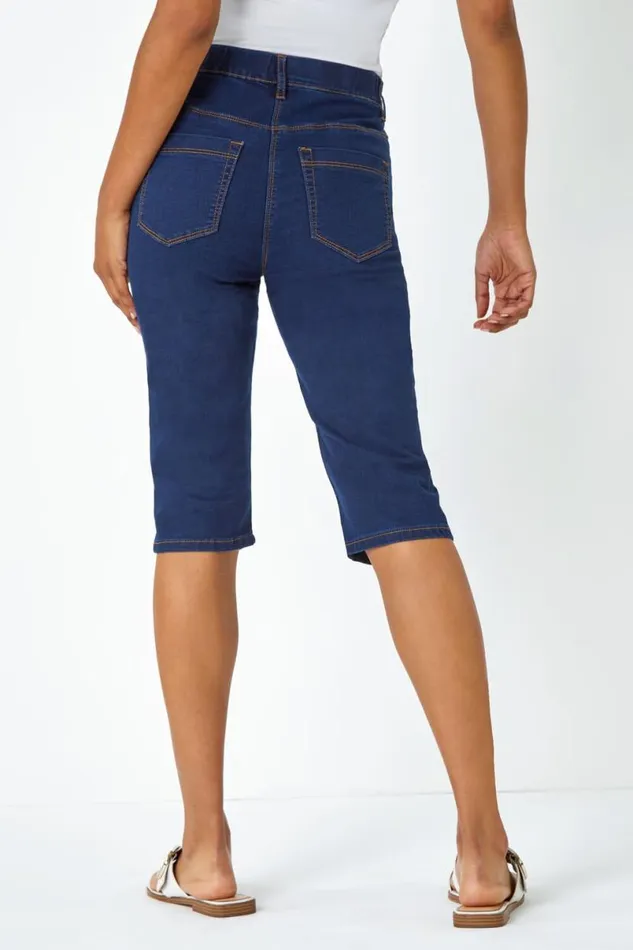 Indigo Knee Length Elastic Waist Denim Pedal Pusher Women Roman Shorts
