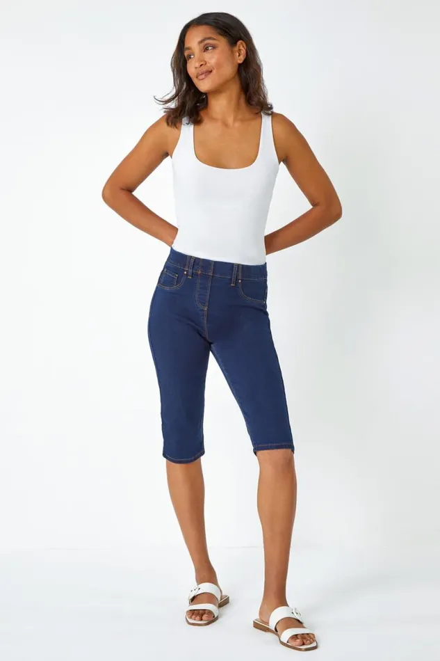 Indigo Knee Length Elastic Waist Denim Pedal Pusher Women Roman Shorts