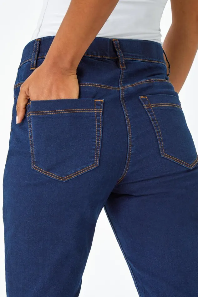 Indigo Knee Length Elastic Waist Denim Pedal Pusher Women Roman Shorts