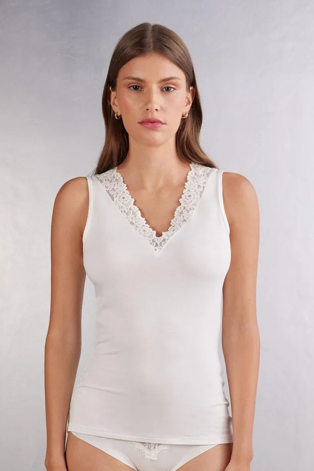 Intimissimi Camisoles Tank Tops Women Pretty Flower Modal And Lace Tank Top Ivory 2127 8211 Talc White Intimissimi Camisoles Tank Tops Women Pretty Flower Modal And Lace Tank Top Ivory 2127 8211 Talc White