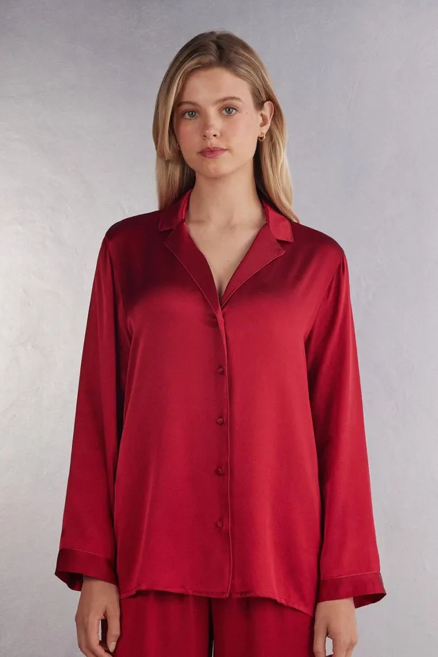 Intimissimi Long Pajamas Women MannishCut Jacket In Silk Satin Red 1473 8211 Rosso