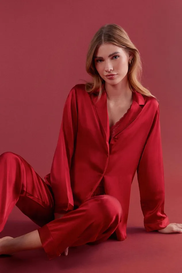 Intimissimi Long Pajamas Women MannishCut Jacket In Silk Satin Red 1473 8211 Rosso