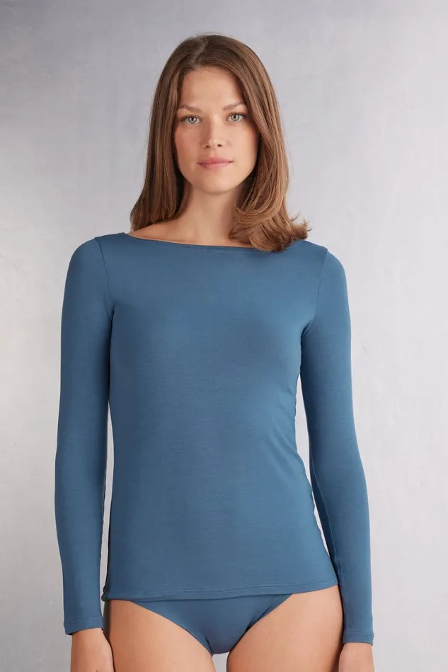 Intimissimi Long Sleeve Tops Women Long Sleeve Bateau Neck Top In Micromodal Blue 658j 8211 Lapis Blue Intimissimi Long Sleeve Tops Women Long Sleeve Bateau Neck Top In Micromodal Blue 658j 8211 Lapis Blue