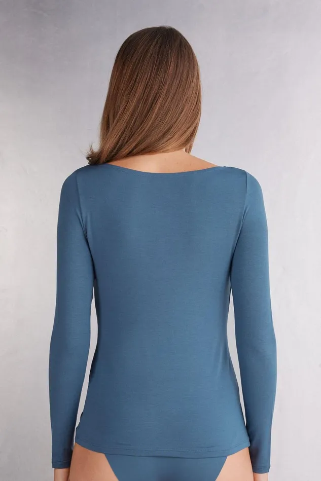Intimissimi Long Sleeve Tops Women Long Sleeve Bateau Neck Top In Micromodal Blue 658j 8211 Lapis Blue