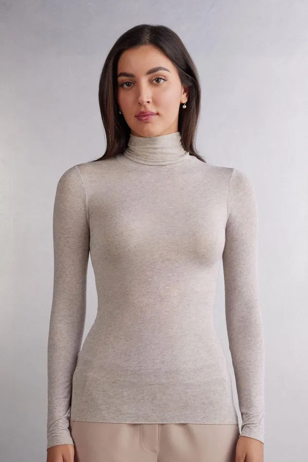 Intimissimi Long Sleeve Tops Women Modal Cashmere Ultralight HighNeck Top Natural 7525 8211 Heather Shell Beige Intimissimi Long Sleeve Tops Women Modal Cashmere Ultralight HighNeck Top Natural 7525 8211 Heather Shell Beige