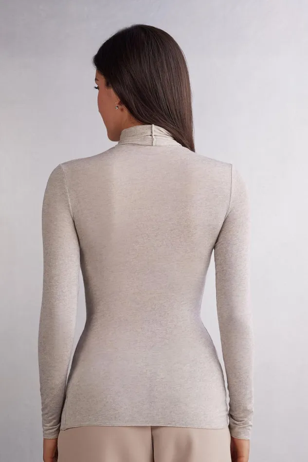 Intimissimi Long Sleeve Tops Women Modal Cashmere Ultralight HighNeck Top Natural 7525 8211 Heather Shell Beige