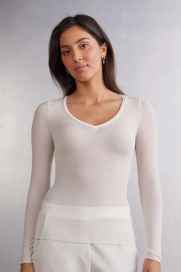 Intimissimi Long Sleeve Tops Women VNeck Top In Modal Ultralight With Cashmere Ivory 231i 8211 Vanilla Intimissimi Long Sleeve Tops Women VNeck Top In Modal Ultralight With Cashmere Ivory 231i 8211 Vanilla
