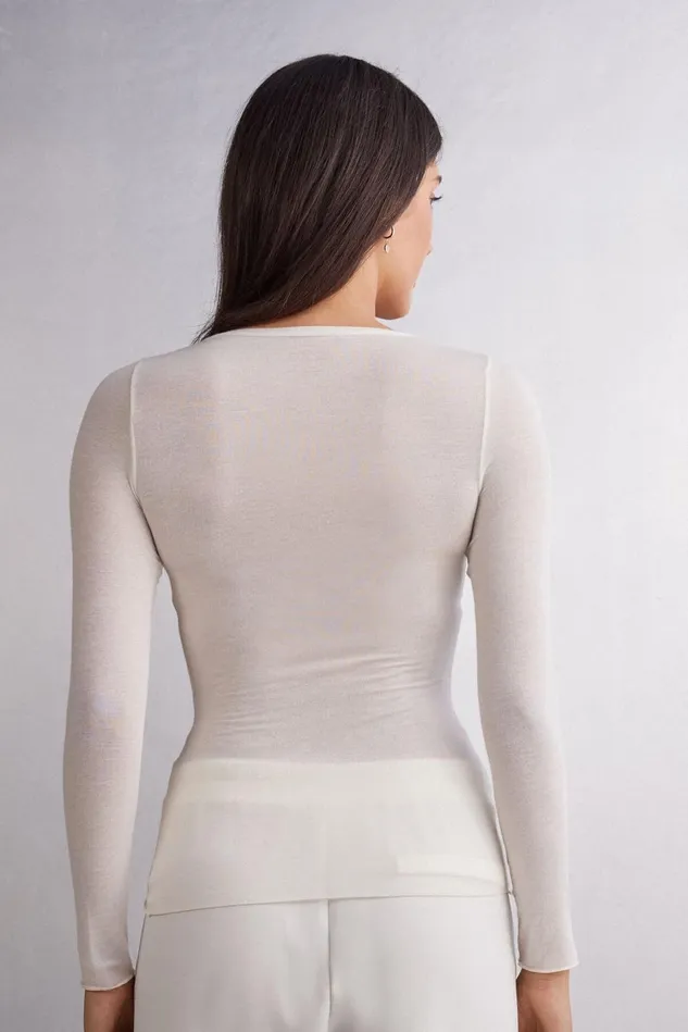 Intimissimi Long Sleeve Tops Women VNeck Top In Modal Ultralight With Cashmere Ivory 231i 8211 Vanilla