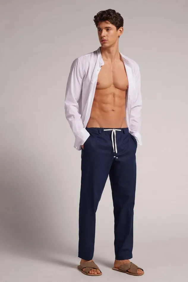 Intimissimi Pants Men Full Length Linen And Cotton Pants Blue 585j 8211 Blu Oceano