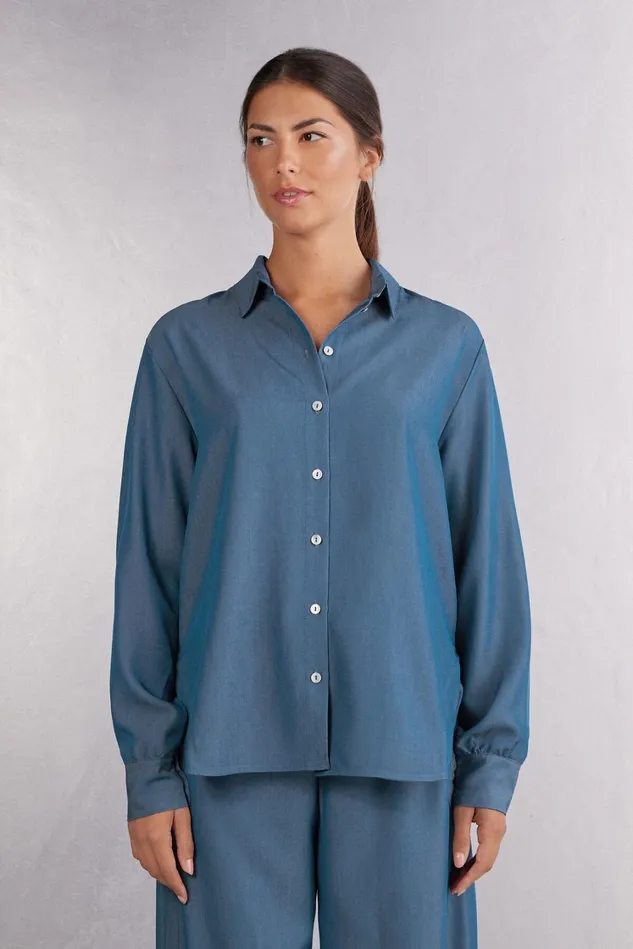 Intimissimi Shirts Women Flower Paisley Denim Fabric Shirt Blue 656j 8211 Denim Blue