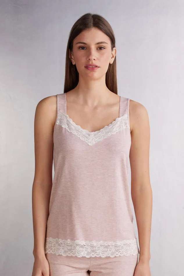 Intimissimi Short Pajamas Women Lace Trim Camisole In Modal Pale Pink 008j 8211 Heathered Light Pink