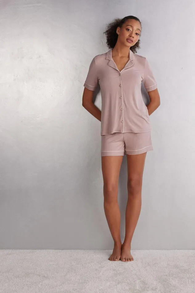 Intimissimi Short Pajamas Women Short Sleeve Button Up Shirt In Modal Pink 011i 8211 Elegant Pink