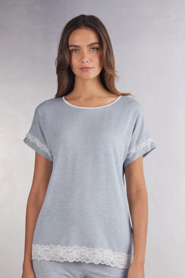 Intimissimi Short Pajamas Women ShortSleeve Modal Top With Lace Detail Light Blue 009j 8211 Heathered Light Blue Intimissimi Short Pajamas Women ShortSleeve Modal Top With Lace Detail Light Blue 009j 8211 Heathered Light Blue