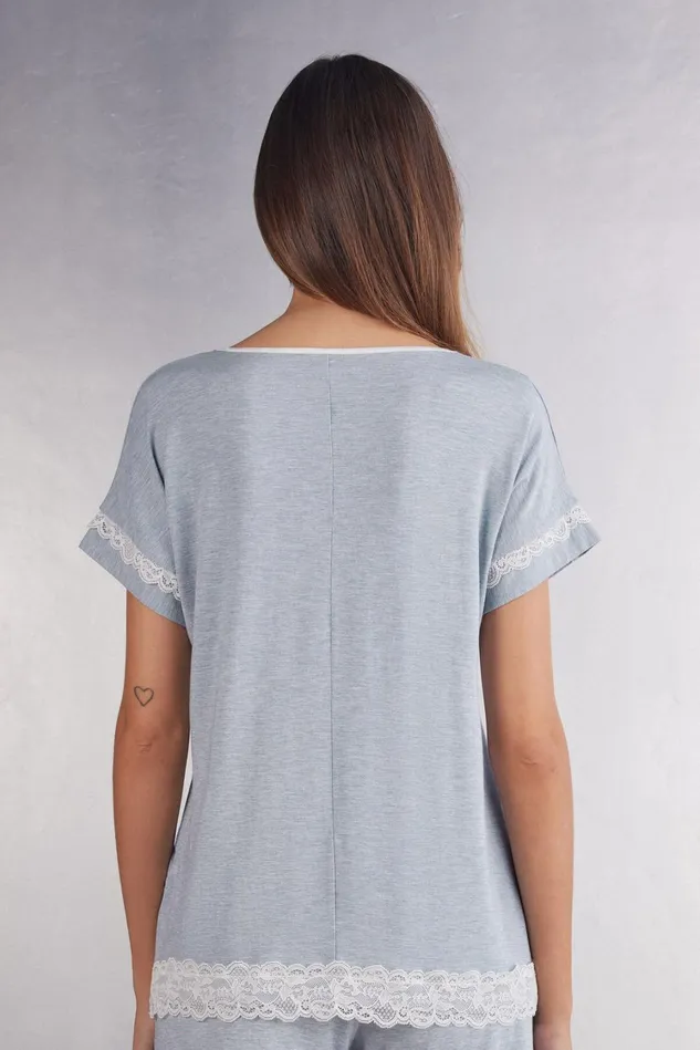 Intimissimi Short Pajamas Women ShortSleeve Modal Top With Lace Detail Light Blue 009j 8211 Heathered Light Blue