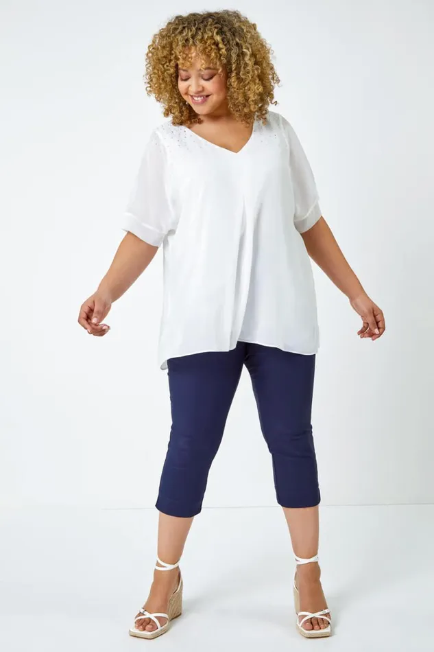 Ivory Curve Sparkle Embellished Split Sleeve Top Women Roman Tops