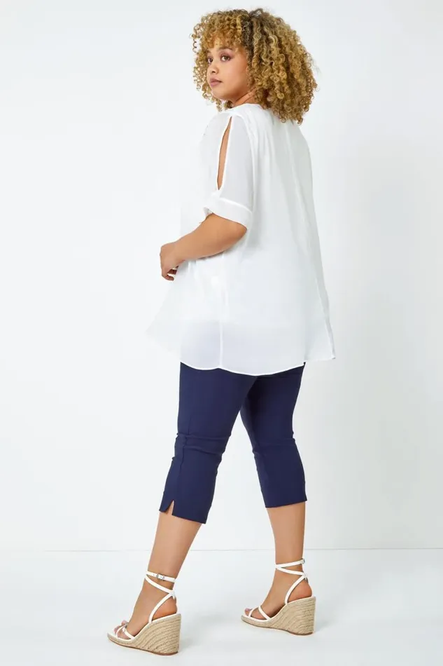 Ivory Curve Sparkle Embellished Split Sleeve Top Women Roman Tops