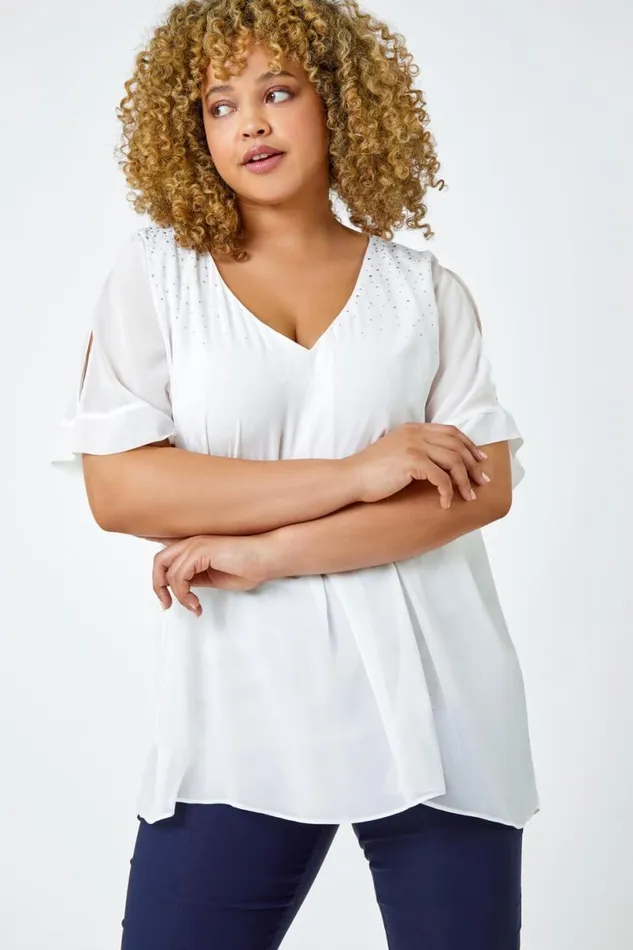 Ivory Curve Sparkle Embellished Split Sleeve Top Women Roman Tops