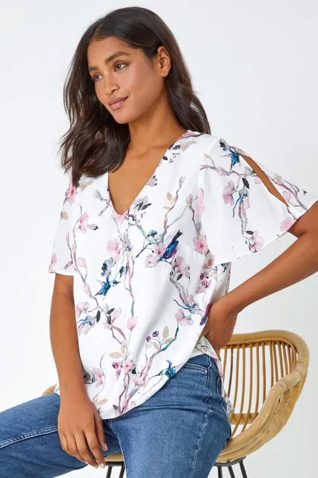 Ivory Floral Angel Sleeve VNeck Top Women Roman Tops