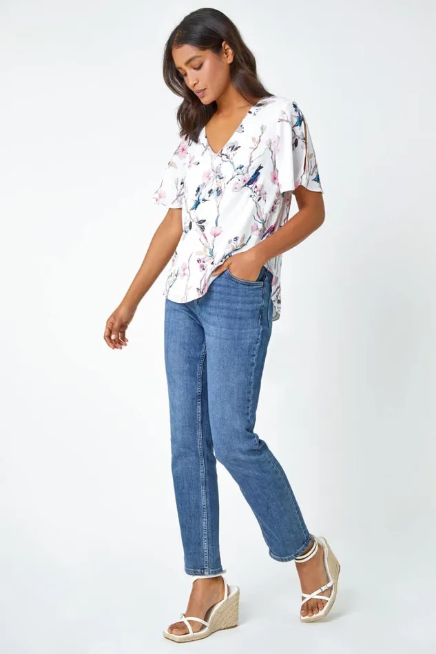 Ivory Floral Angel Sleeve VNeck Top Women Roman Tops