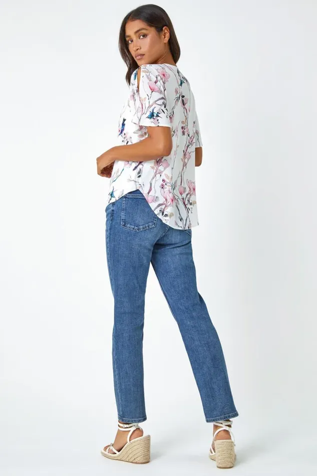 Ivory Floral Angel Sleeve VNeck Top Women Roman Tops
