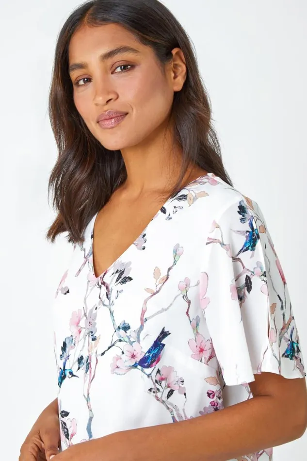 Ivory Floral Angel Sleeve VNeck Top Women Roman Tops