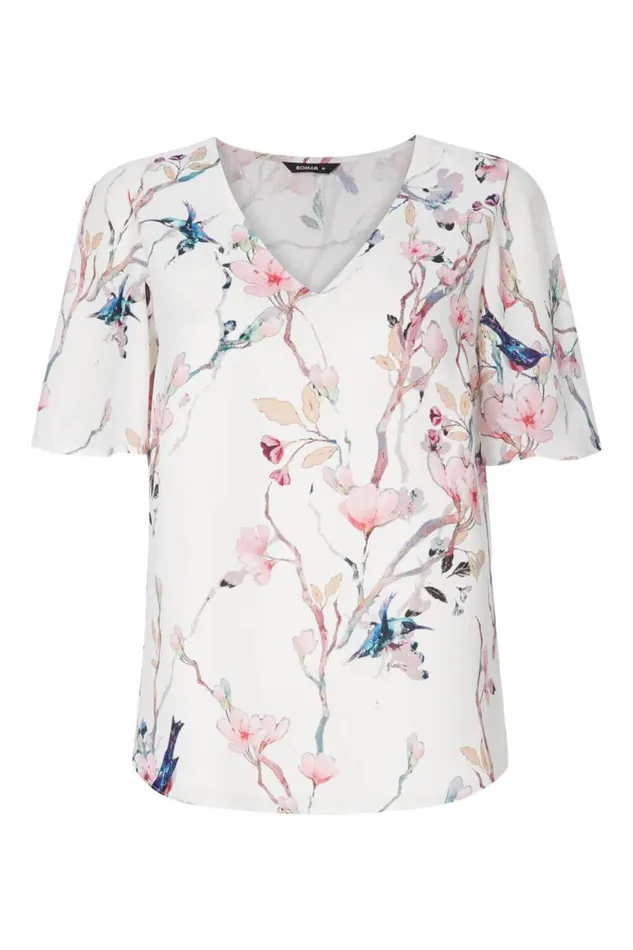 Ivory Floral Angel Sleeve VNeck Top Women Roman Tops