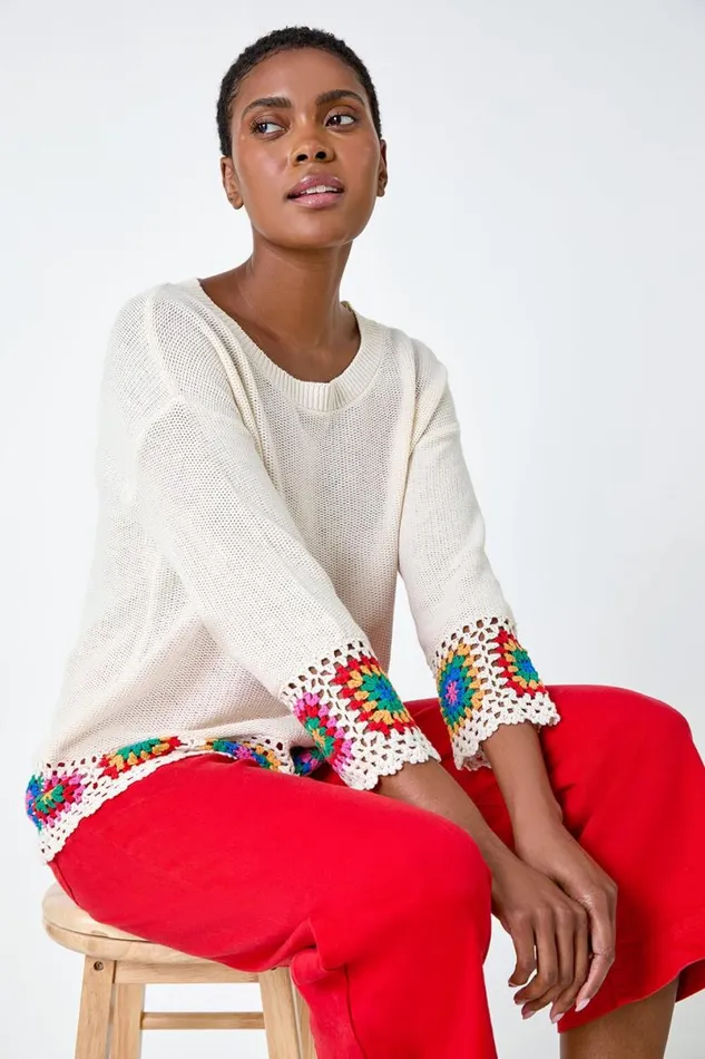 Ivory Floral Crochet Hem Cotton Jumper Women Roman Knitwear