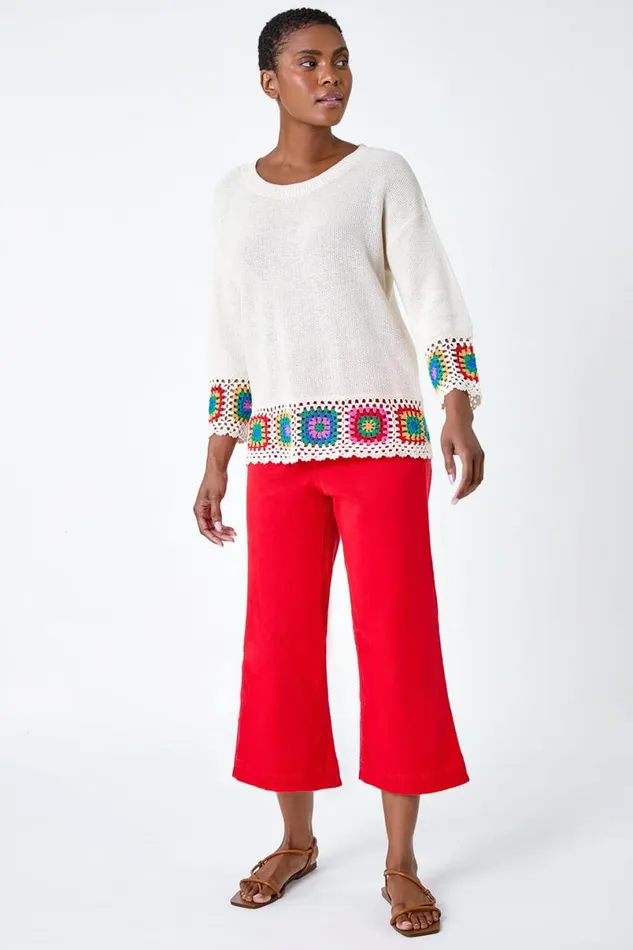 Ivory Floral Crochet Hem Cotton Jumper Women Roman Knitwear
