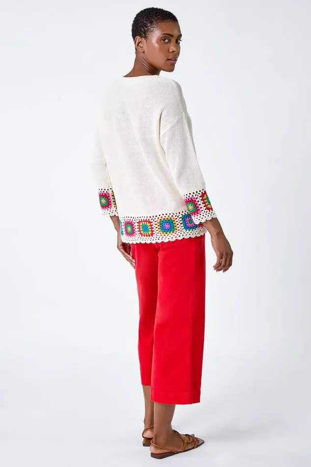 Ivory Floral Crochet Hem Cotton Jumper Women Roman Knitwear