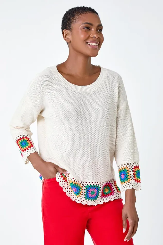 Ivory Floral Crochet Hem Cotton Jumper Women Roman Knitwear
