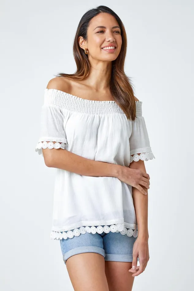 Ivory Lace Detail Shirred Bardot Top Women Roman Tops